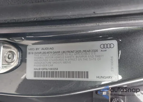 2018 Audi S3 2.0T Premium Plus/2.0T Tech Premium Plus z USA, uszkodzony, nr VIN WAUB1GFF8J1083258